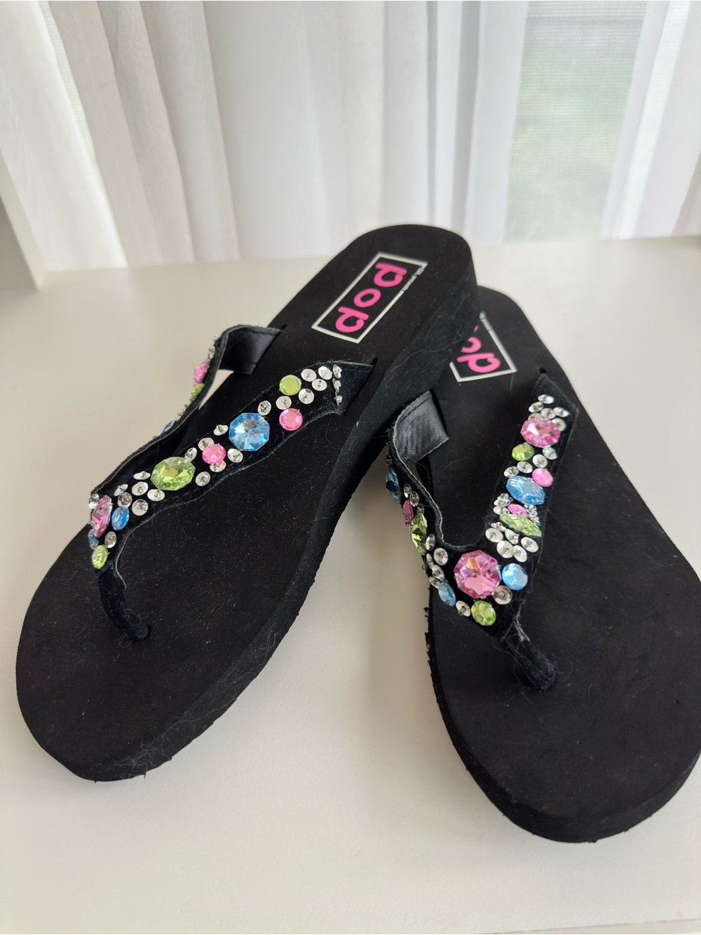pop Black Wedge Flip Flops with Multicolored Rhinestones